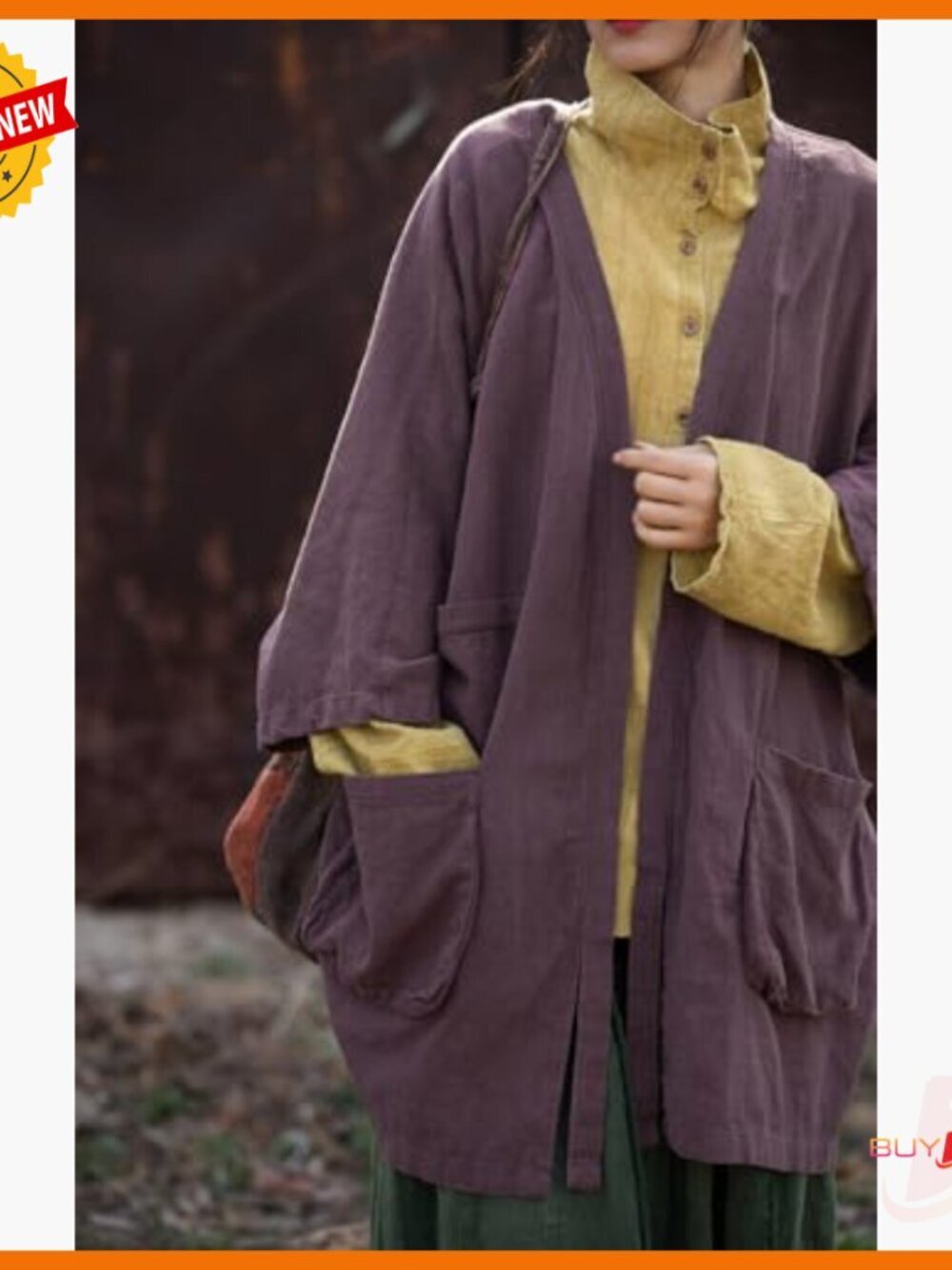 Loose Fit Ramie Cardigan Jacket with Pockets, Kimono Sleeve, Casual Outerwear - Picture 5 of 7